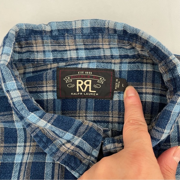 Ralph Lauren Double RL (RRL) Button Down Shirt Men’s L Blue Plaid - Picture 3 of 9